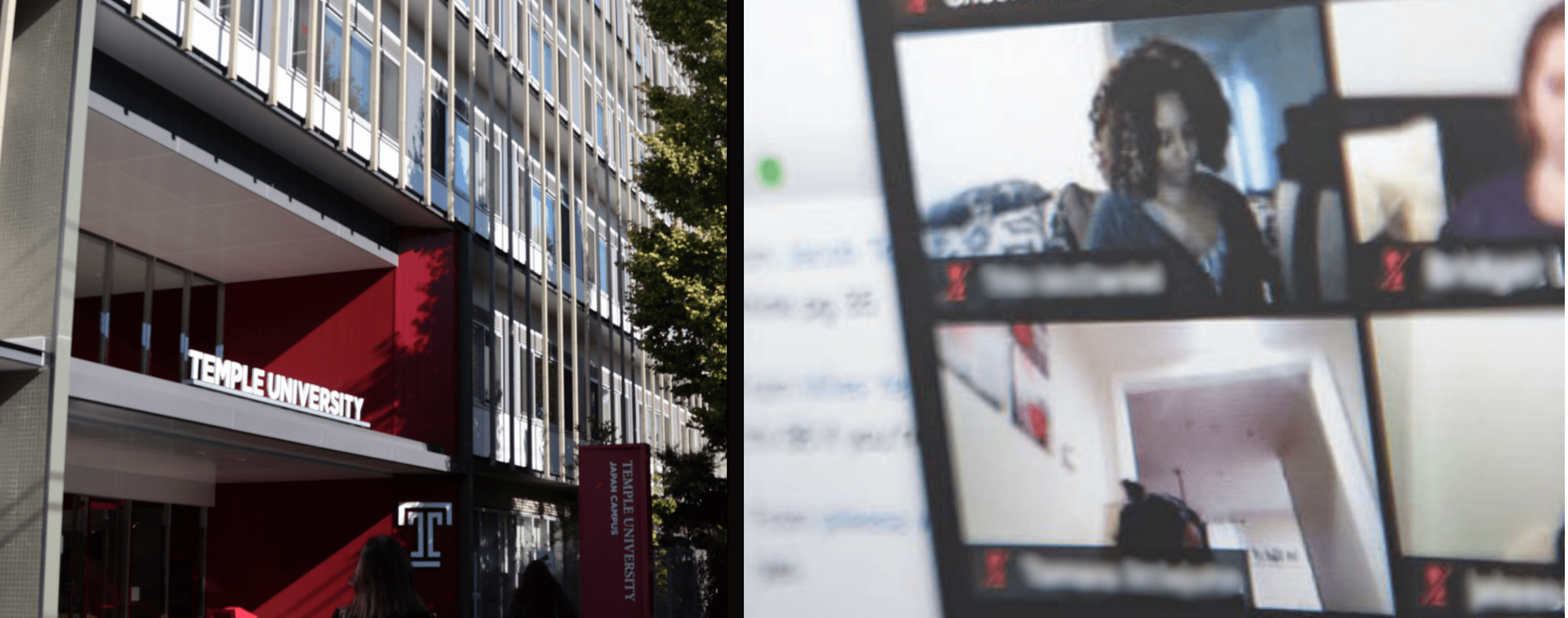 東京都世田谷区にあるTUJ校舎の正面玄関（左）とオンラインクラスのイメージ（右）